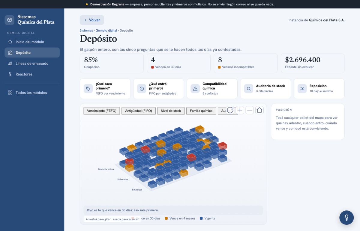 El depósito en 3D: el galpón entero con los pallets coloreados por vencimiento