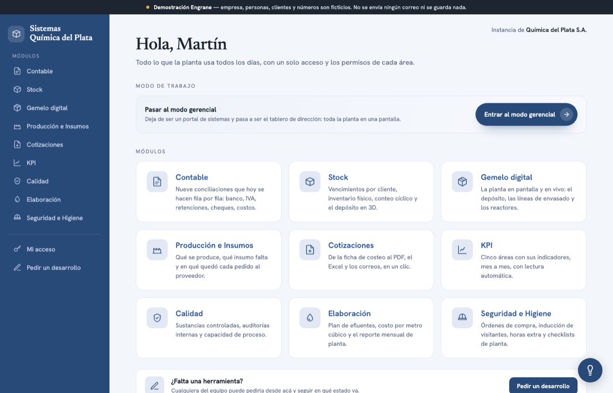 Portal de sistemas: nueve módulos, uno por área de la empresa